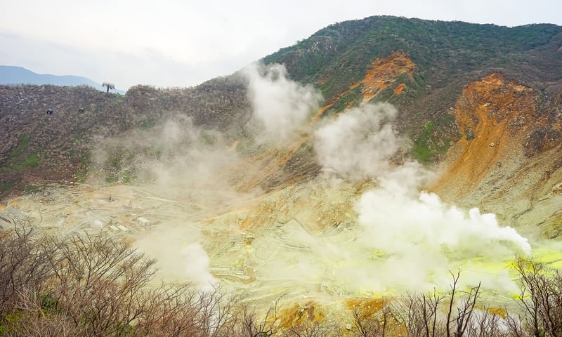 Steam and volcanic sulfur fumes vent from Hakone's Owakudani Crater year round.