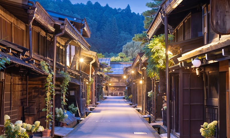 The popular Sannomachi Street in  Takayama, Gifu Prefecture.
