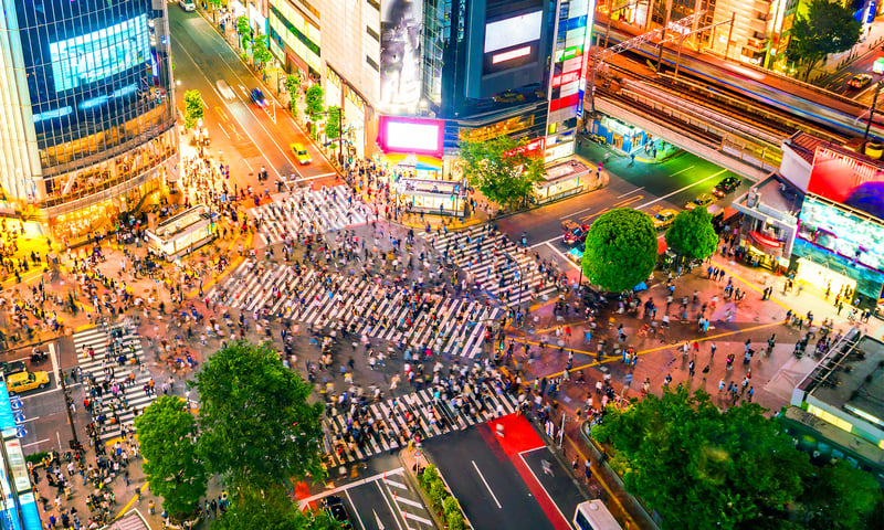 The crowds at the Shibuya Scramble Crossing, Tokyo.