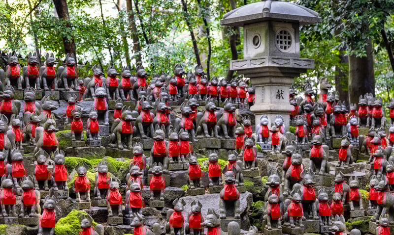 See over 1,000 stone foxes at the Buddhist temple of Toyokawa Inari, Japan.