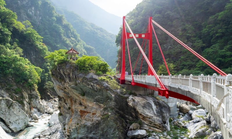 The Red Bridge and pagoda in Taroko National Park, Hualien area.