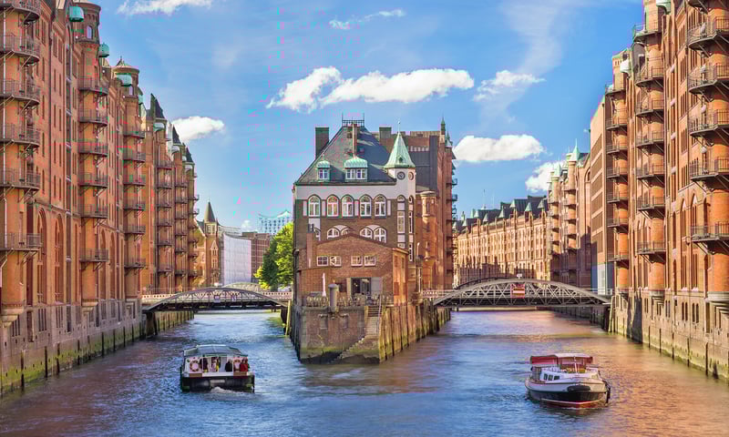 Explore Hamburg’s blend of historic landmarks including the Speicherstadt Warehouse District.
