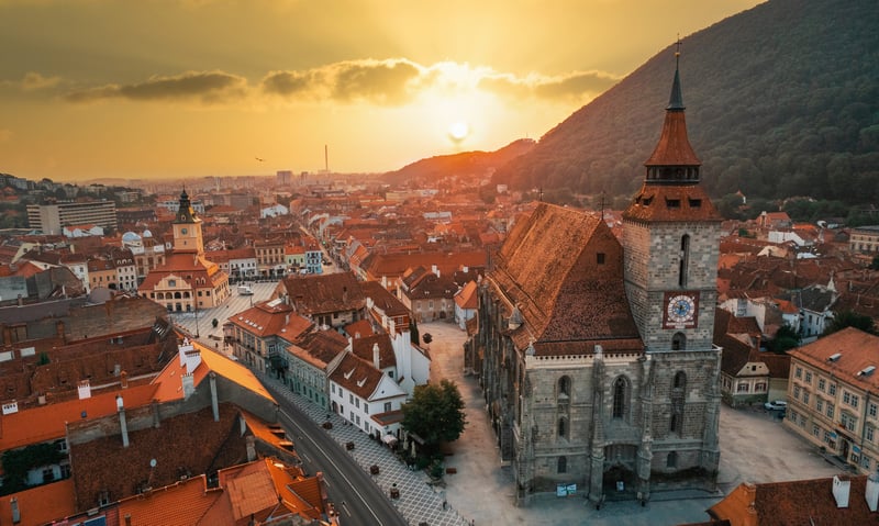 The Black Church stands in the city of Brașov, Romania.