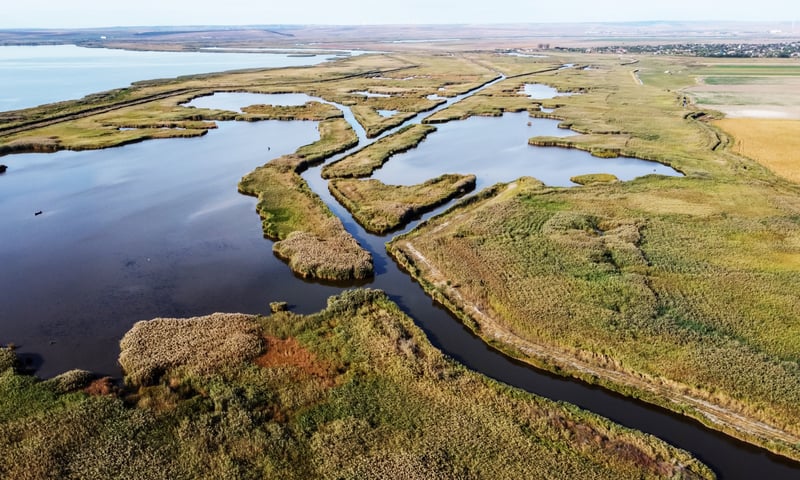 An aerial view of the Danube Delta, Romania.