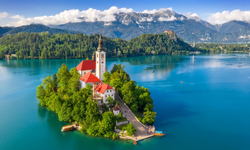 Look out across Lake Bled in Bled, Slovenia.