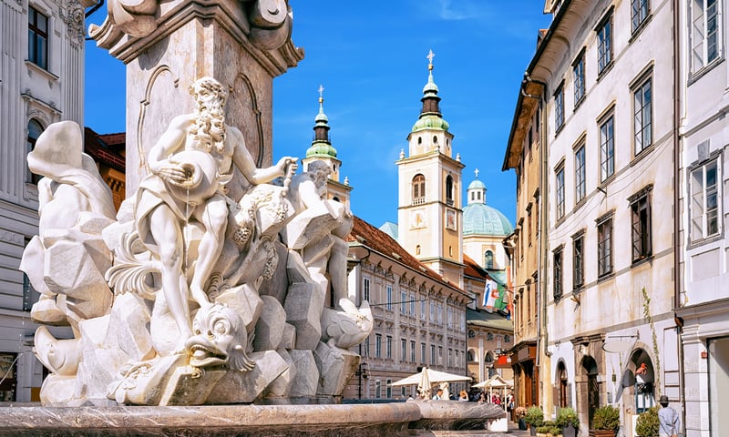 Stand in awe of Robba Fountain in Ljubljana, Slovenia.