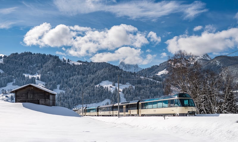 Travel along the stunning Golden Pass Express railway route to Montreux, Switzerland. ©MOB
