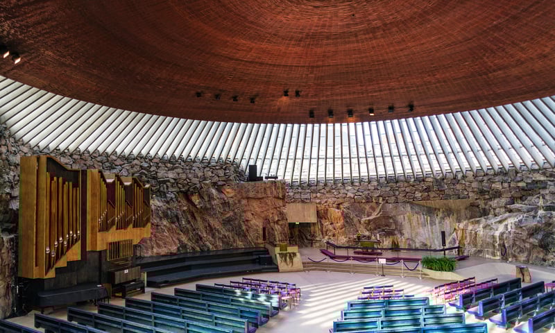 Temppeliaukio Church in Helsinki is a unique place of worship carved out of the rock.