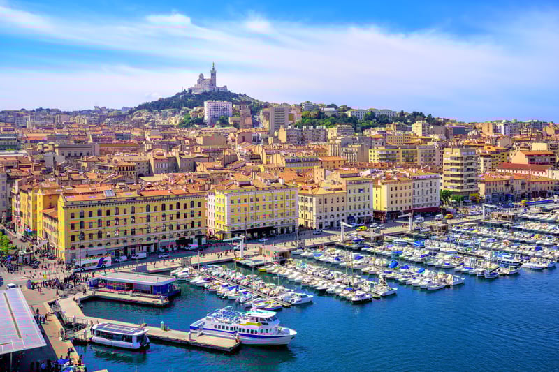 France's second-biggest city, Marseille, with the spectacular Notre-Dame de la Garde church atop.