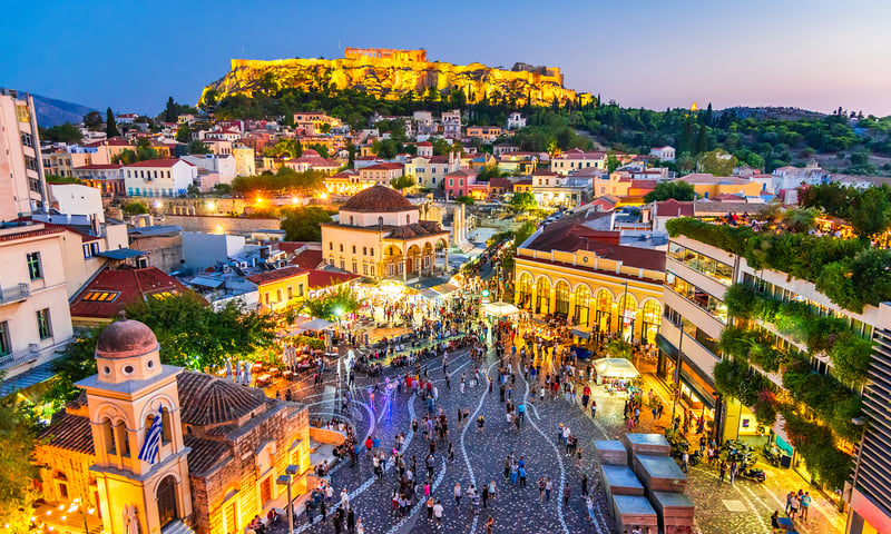 Athens' famous Acropolis overlooks buzzing Monastiraki Square.
