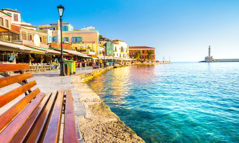 The historic heart of Chania, Old Town encircles the Old Venetian Harbour, in Crete, Greece.