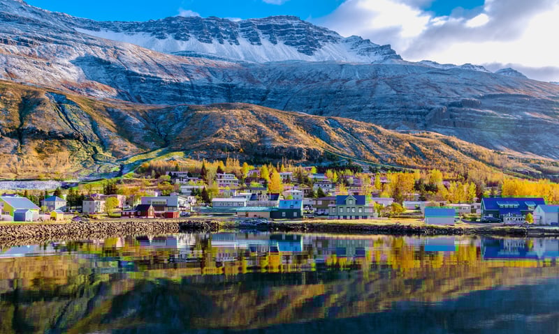 Seydisfjordur is a small Icelandic town, located on a fjord surrounded by mountains and waterfalls.