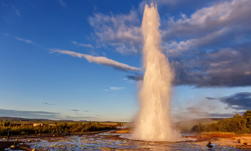 Iceland’s Strokkur, 'the Churn’, geyser blasts hot water 20 metres into the air.