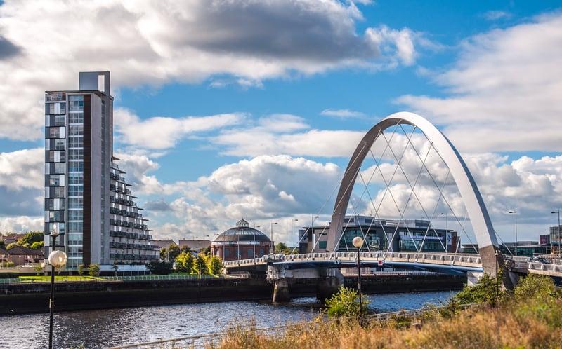 The Clyde Arc, often referred to as the Squinty Bridge in Glasgow, Scotland.