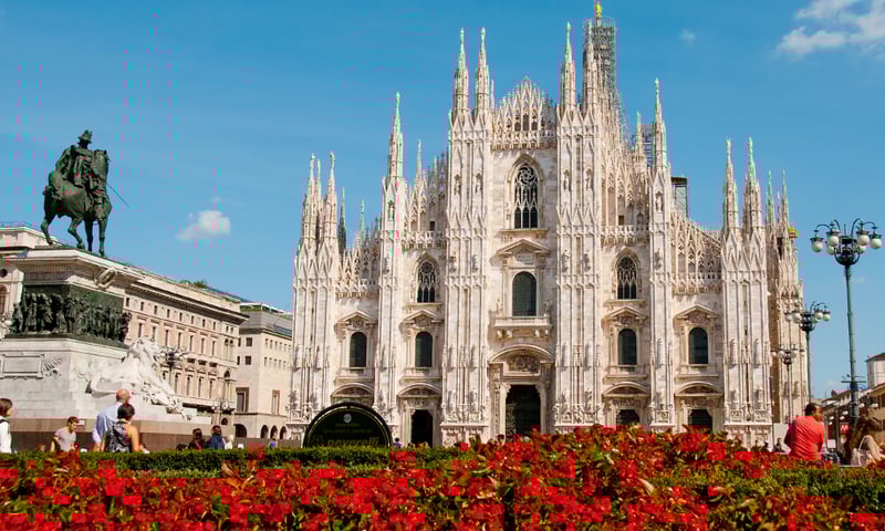 Admire the architecture of the Duomo Cathedral in Milan, Italy.