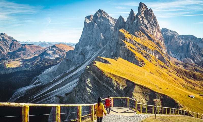 Take the cable car to Seceda Mountain Station in the Italian Alps.