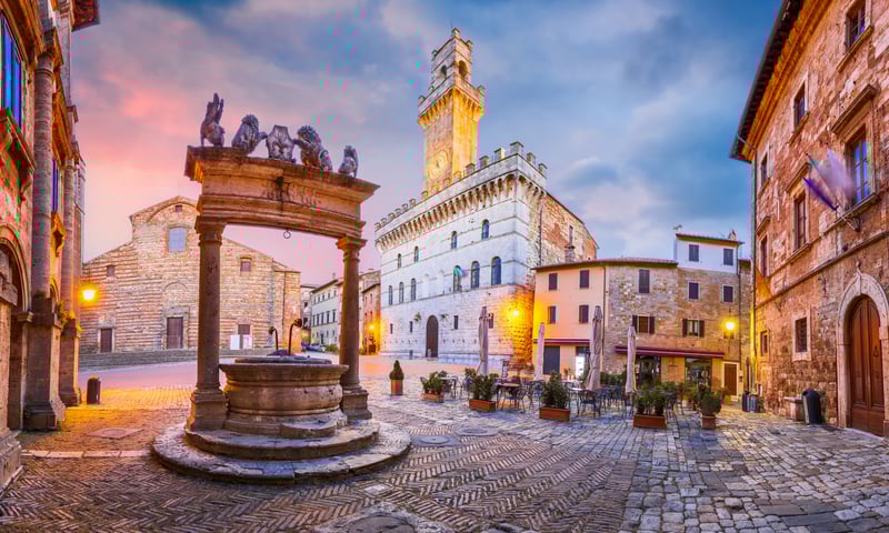 Piazza Grande is the stunning, historic main square at the highest point of Montepulciano, Tuscany.