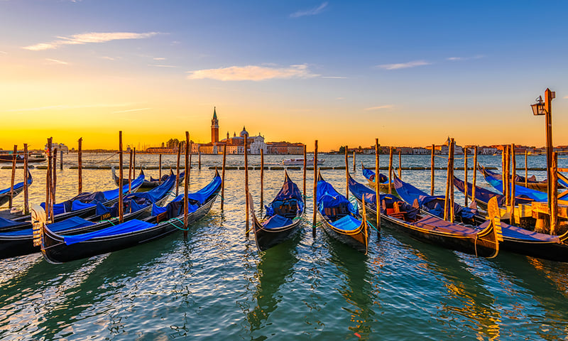 Traditional gondolas in Venice, Italy.