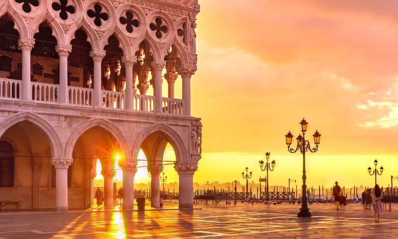 Take a sunset stroll around St Mark's Square in Venice, Italy.
