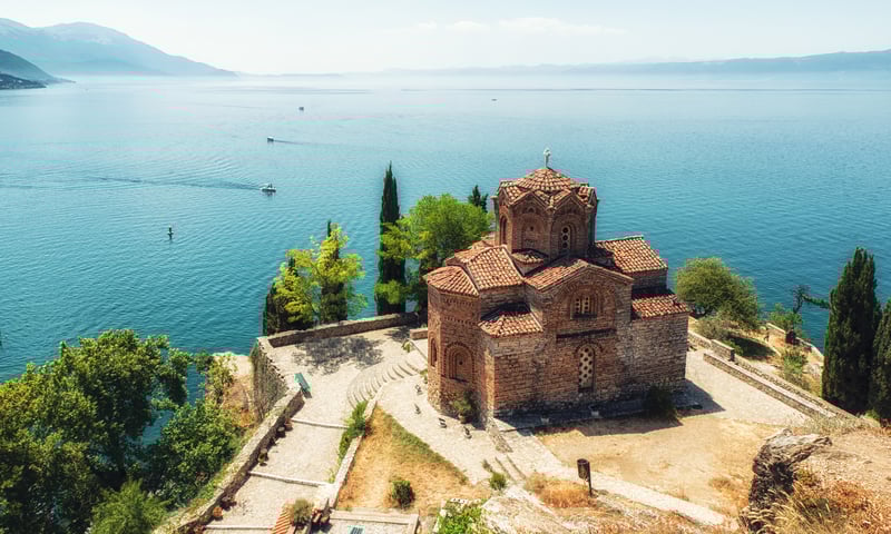 The Church of St John sits on a cliff overlooking Lake Ohrid, North Macedonia.