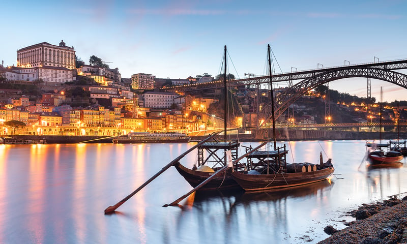 Look Portuguese Rabelo boats in Porto's historic medieval harbour.