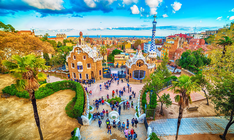 Use leisure time to seek out Antoni Gaudi's colourful Parc Guell when docking in Barcelona, Spain.
