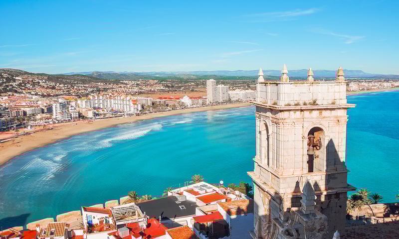 Aerial view of Valencia's seaside location and Pope Luna's Castle, Spain.