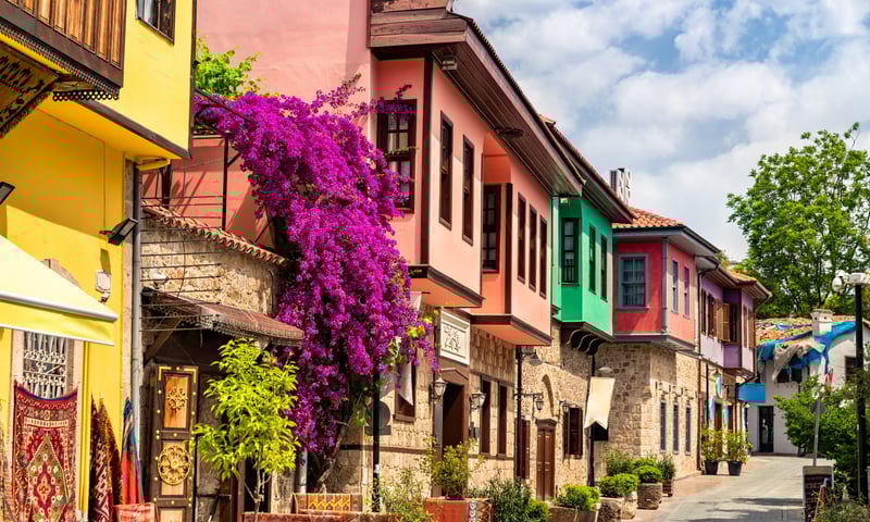 Look out for the colourful traditional houses in Antalya, Türkiye.