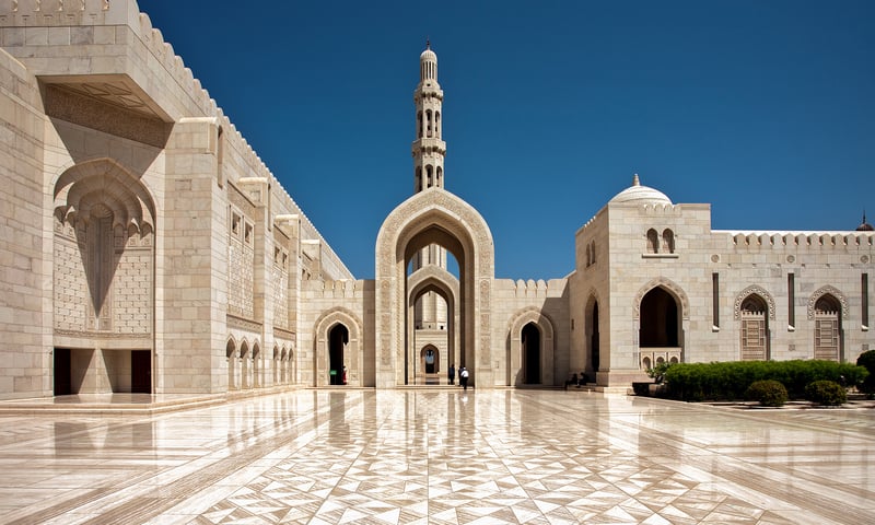 The marbled interior of the Sultan Qaboos Grand Mosque, Muscat.