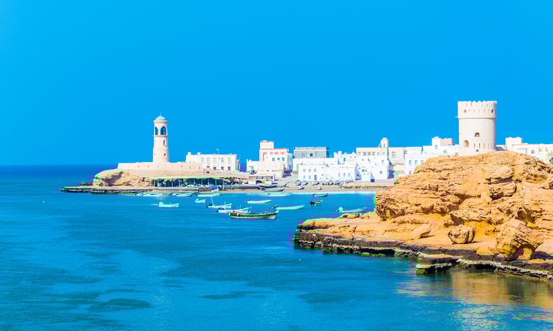 Al Ayjah can be seen from the beaches of nearby Sur, located on the Gulf of Oman.