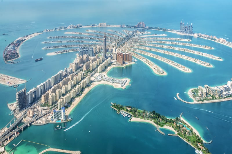 Palm Jumeirah, Dubai, is the world’s largest man-made island shaped like a palm tree (Itinerary 2).