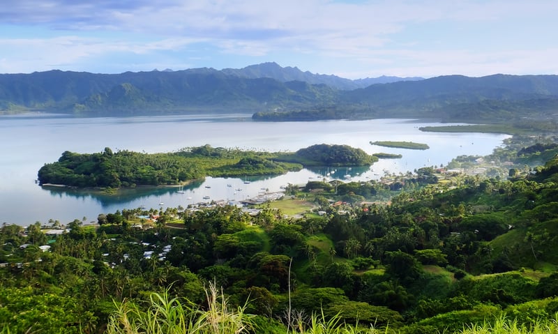 The stunning Savusavu marina and Nawi islet in Vanua Levu, Fiji.