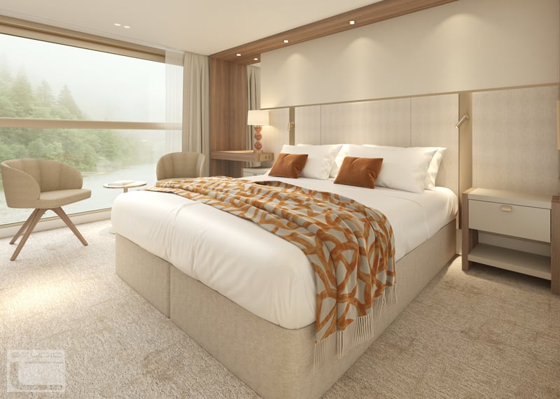 Upgrade to a Premium Strauss Cabin on Amadeus Aurea (Nov 2026, render).