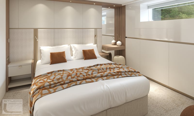 Artistic impression of a cabin (Hayden Deck) onboard Amadeus Mira (May 2027 departure).