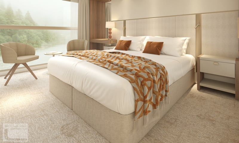 Artistic impression of a cabin onboard Amadeus Mira (May 2027 departure).