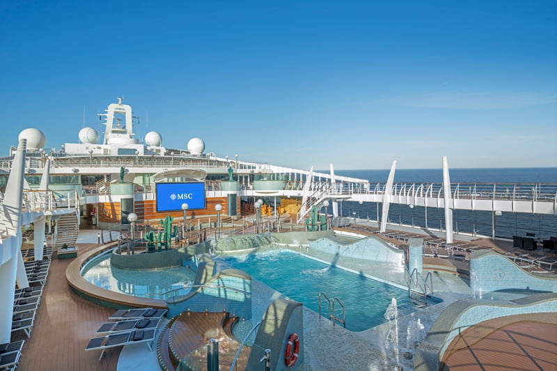 The Aqua Park in the  MSC Preziosa's pool deck features a 120-metre water slide called Vertigo.