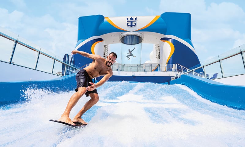 The FlowRider is a sheet wave surf simulator available on the Spectrum of the Seas.