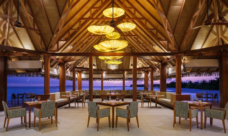 Ralu Restaurant is a chic, overwater Mediterranean-style dining space.