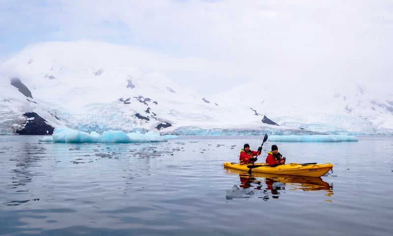 Silently paddle alongside icebergs and unexplored shores in Antarctica (charges may apply).