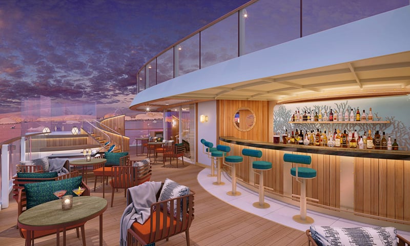 Soak in twilight scenery from the Sky Bar aboard the Seabourn ship.