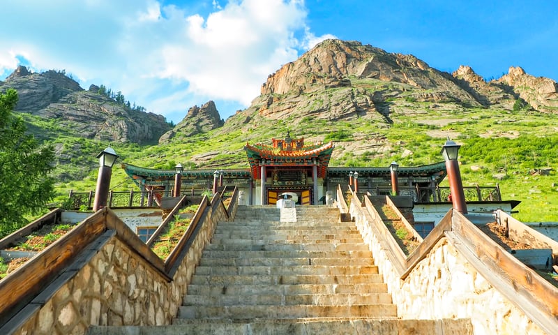 Hike to the serene Ariyapala Meditation Temple near Ulaanbaatar, Mongolia.