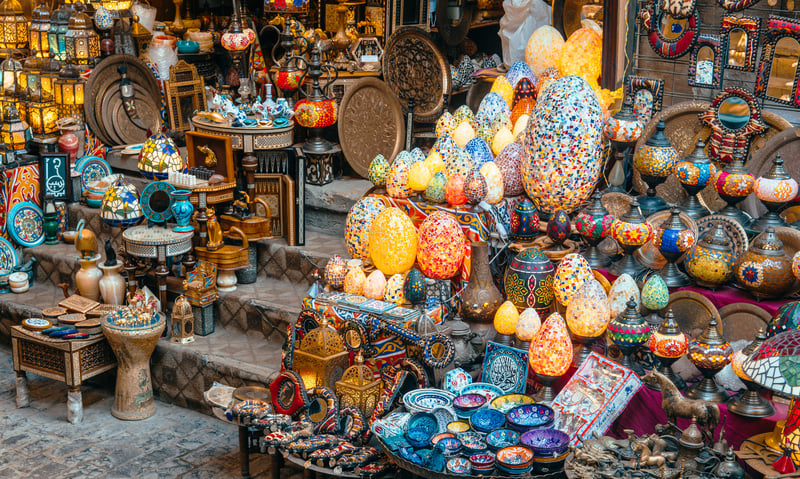 Browse colourful trinkets at the Khan El Khalili bazaar in Cairo, Egypt.