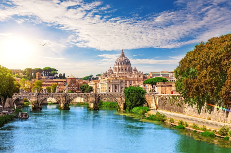 St Peter's Cathedral behind the Aelian Bridge, Rome, Italy.