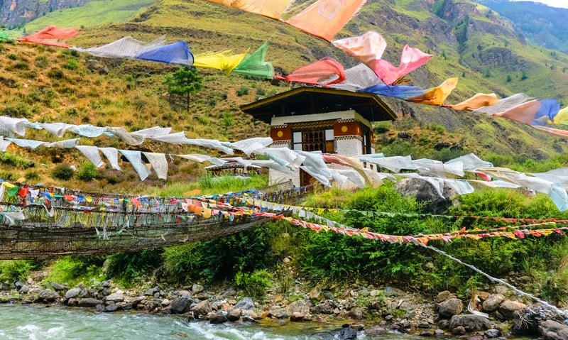 See Tacho Lhakhang (Iron Bridge) in Thimphu, Bhutan.